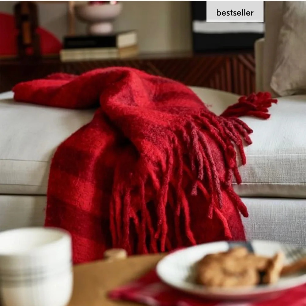 NWT red plaid faux mohair throw